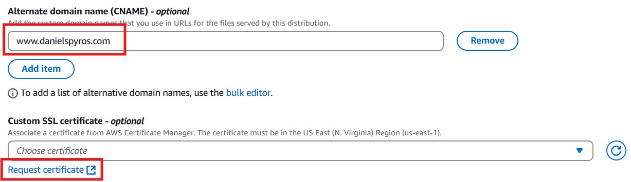Set cloudfront certificate and alternate domain name